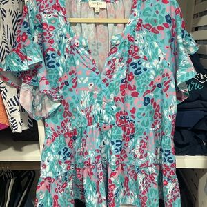 Umgee Women's Blue and Pink Ruffle Blouse